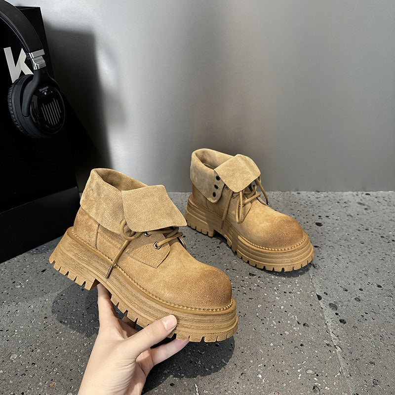 Genuine Leather Retro Flap Ankle Boots Women Autumn Winter New Yellow Chunky Sole Two Way Short Boots Trendy