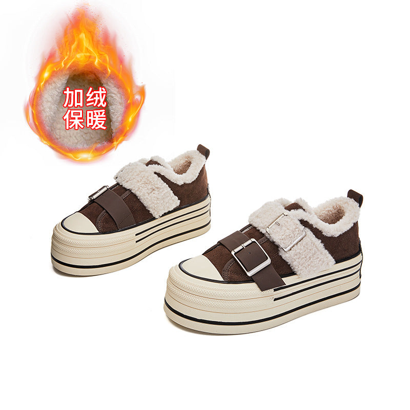 Leather Little White Shoes Women's Winter New Thick-soled Muffin Velvet Thermal Board Casual Versatile Sneakers Lace-up