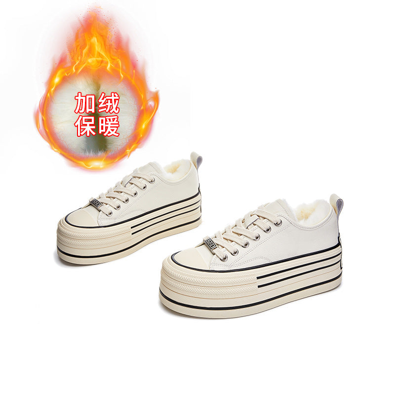 Leather rabbit fur little white shoes winter new thick-soled velvet board women's versatile casual single heightening sneakers