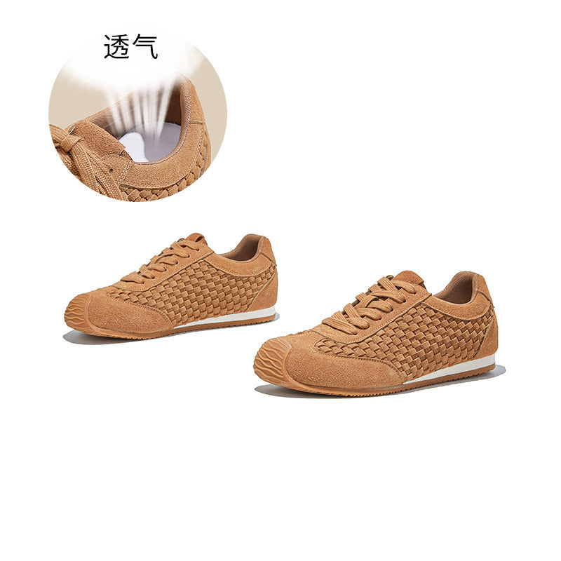 Leather woven German training shoes women's autumn new casual versatile Forrest Gump flat sneakers lace-up