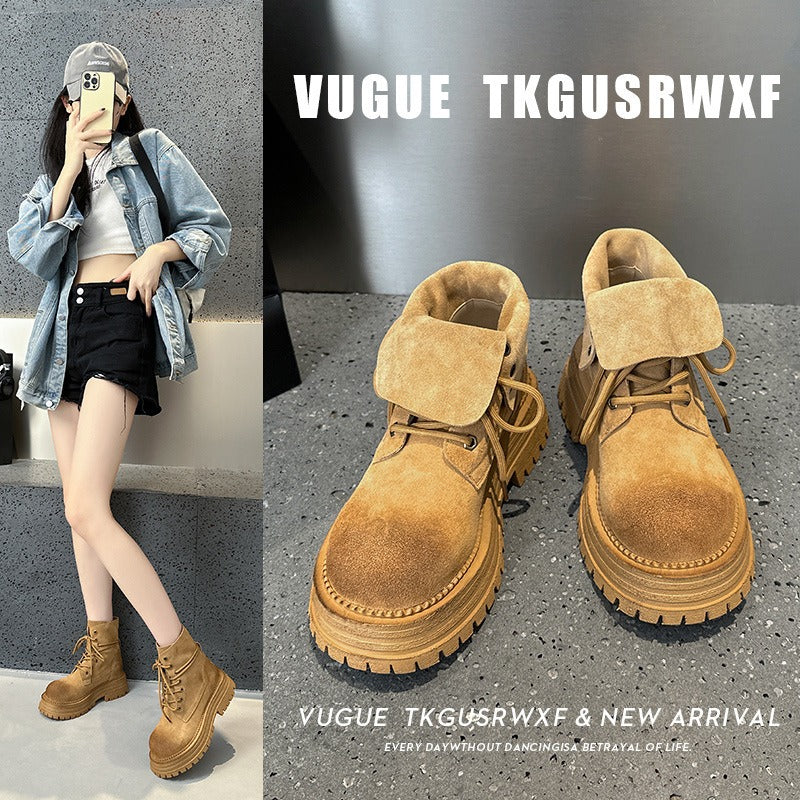 Genuine Leather Retro Flap Ankle Boots Women Autumn Winter New Yellow Chunky Sole Two Way Short Boots Trendy