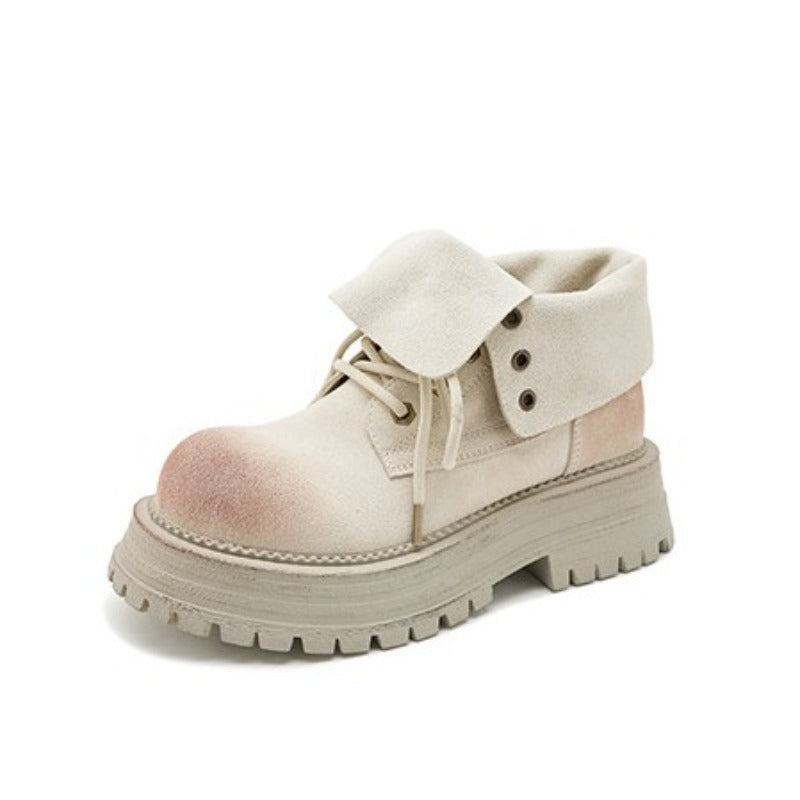 Genuine Leather Retro Flap Ankle Boots Women Autumn Winter New Yellow Chunky Sole Two Way Short Boots Trendy