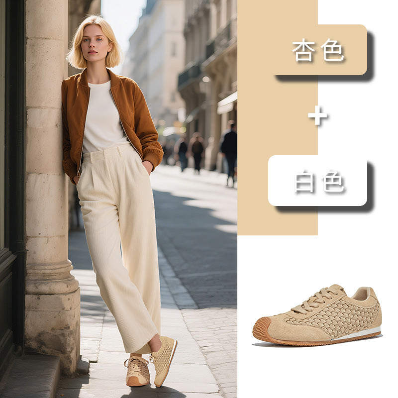 Leather woven German training shoes women's autumn new casual versatile Forrest Gump flat sneakers lace-up