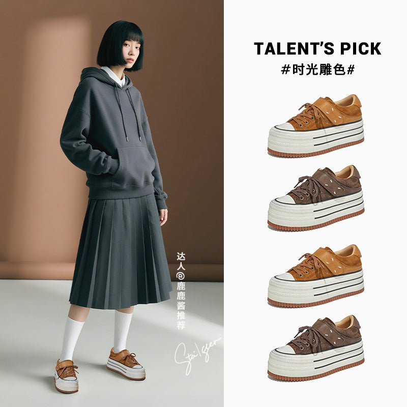 The First Layer of Cowhide Little White Shoes Women's Autumn New Thick-soled Heightening Muffin Casual Versatile Polished Sneakers