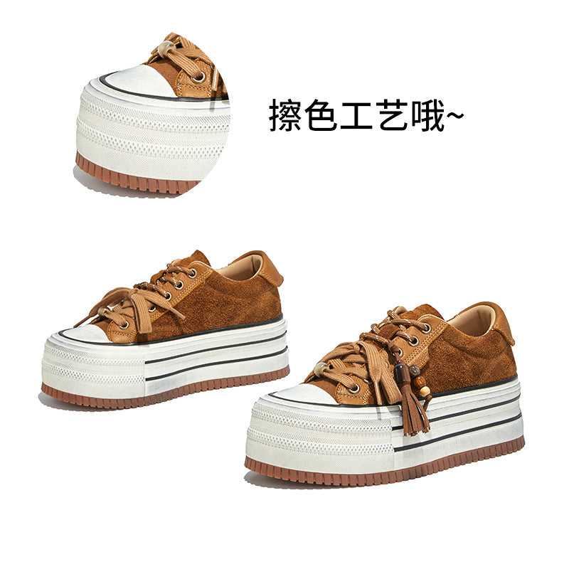 Women's Cowhide Polished White Shoes Autumn New Thick-soled Heightening Board Casual Versatile Sneakers