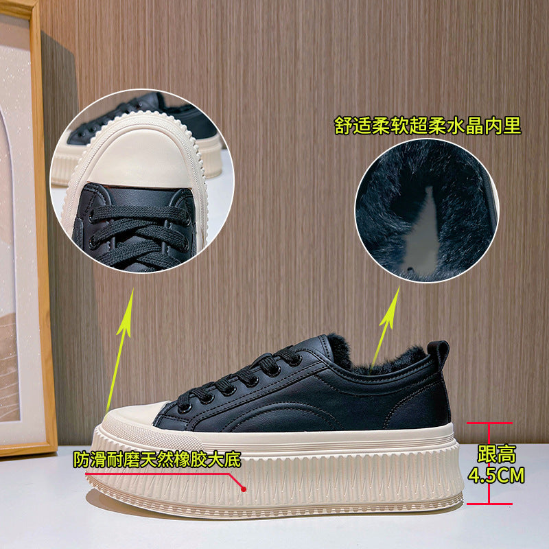 Real Rabbit Fur Little White Shoes Women's Velvet Biscuit Versatile Casual Platform Leather Sneakers Lace-up