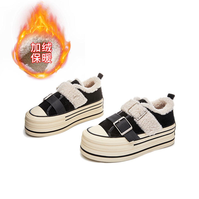 Leather Little White Shoes Women's Winter New Thick-soled Muffin Velvet Thermal Board Casual Versatile Sneakers Lace-up