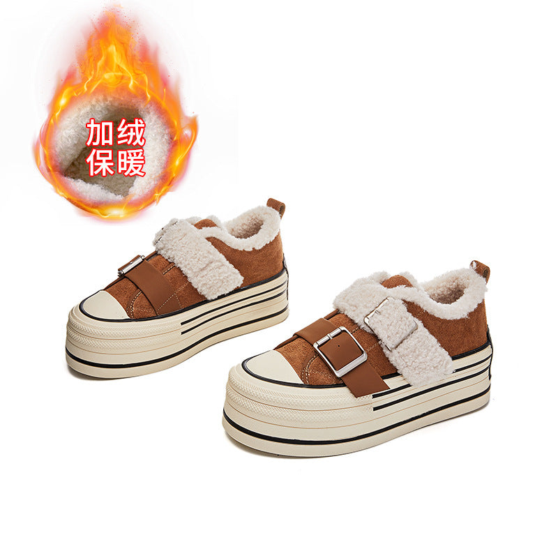 Leather Little White Shoes Women's Winter New Thick-soled Muffin Velvet Thermal Board Casual Versatile Sneakers Lace-up