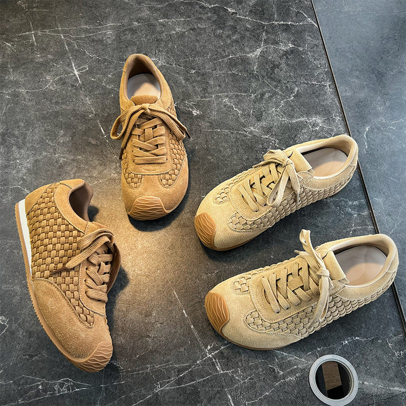 Leather woven German training shoes women's autumn new casual versatile Forrest Gump flat sneakers lace-up