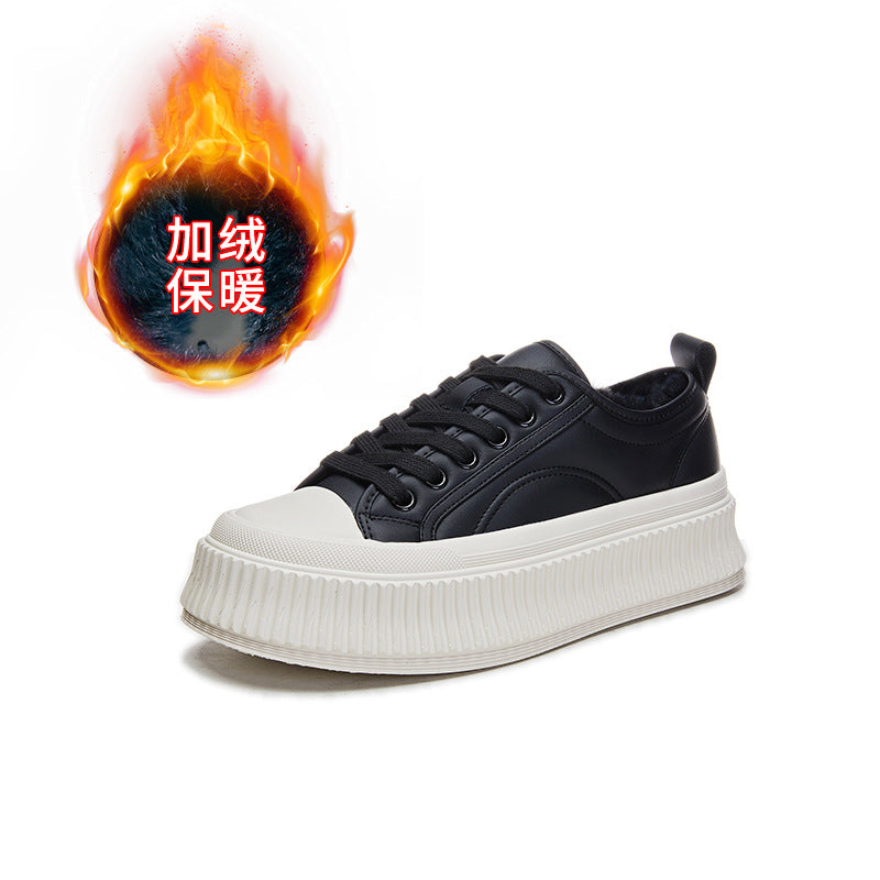 Real Rabbit Fur Little White Shoes Women's Velvet Biscuit Versatile Casual Platform Leather Sneakers Lace-up