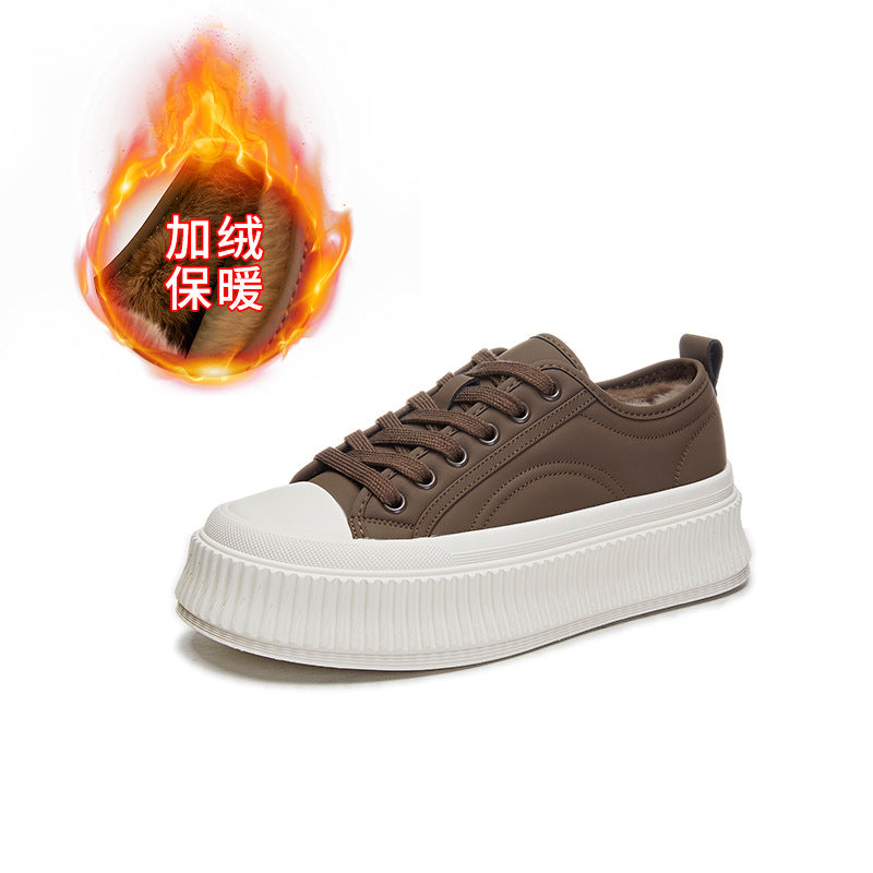 Real Rabbit Fur Little White Shoes Women's Velvet Biscuit Versatile Casual Platform Leather Sneakers Lace-up