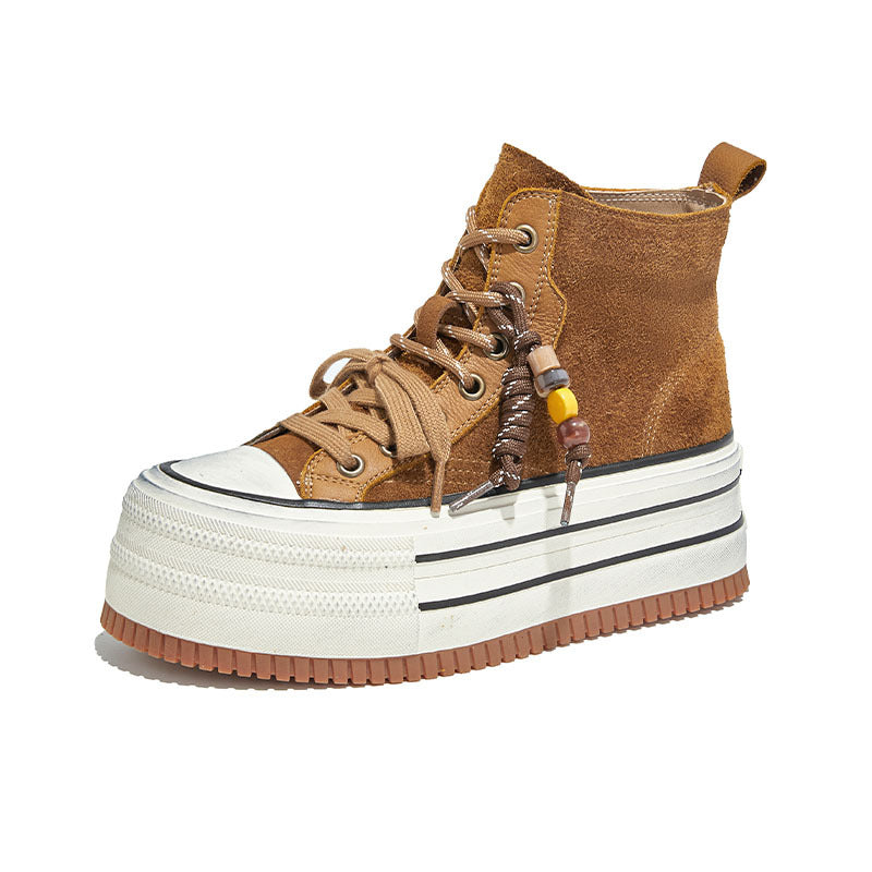 The First Layer of Cowhide High-top Little White Shoes Women's Autumn New Versatile Heightening Board Thick-soled Polished Ankle Boots