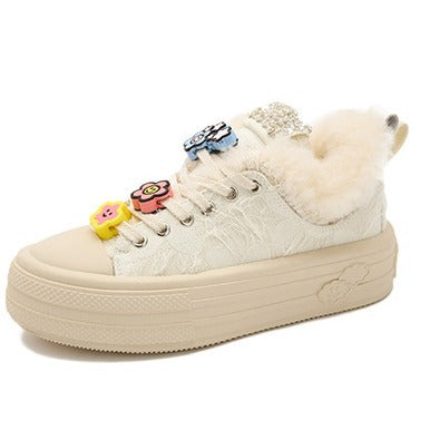 Platform Muffin White Velvet Shoes Women's Spring New Little White Fashion Casual Board Versatile Student Sneakers