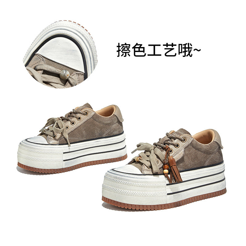 Women's Cowhide Polished White Shoes Autumn New Thick-soled Heightening Board Casual Versatile Sneakers