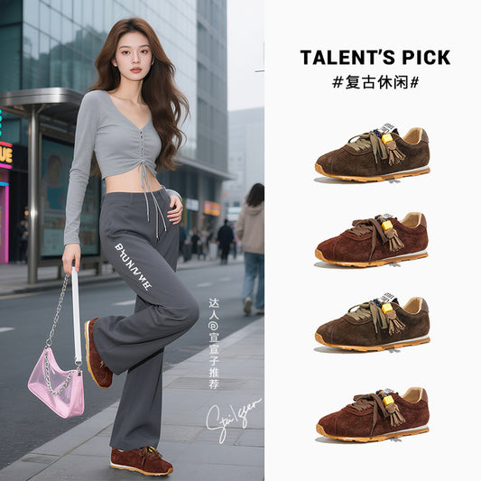 The First Layer of Cowhide German Training Shoes Women's Autumn New Flat-bottomed Versatile Forrest Gump Casual Sports Sneakers Flats