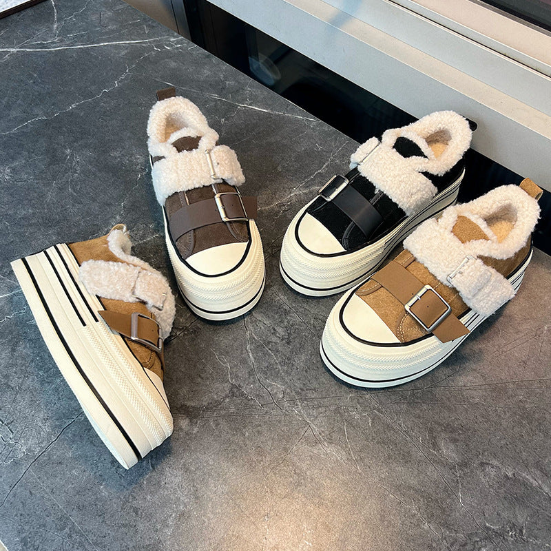 Leather Little White Shoes Women's Winter New Thick-soled Muffin Velvet Thermal Board Casual Versatile Sneakers Lace-up