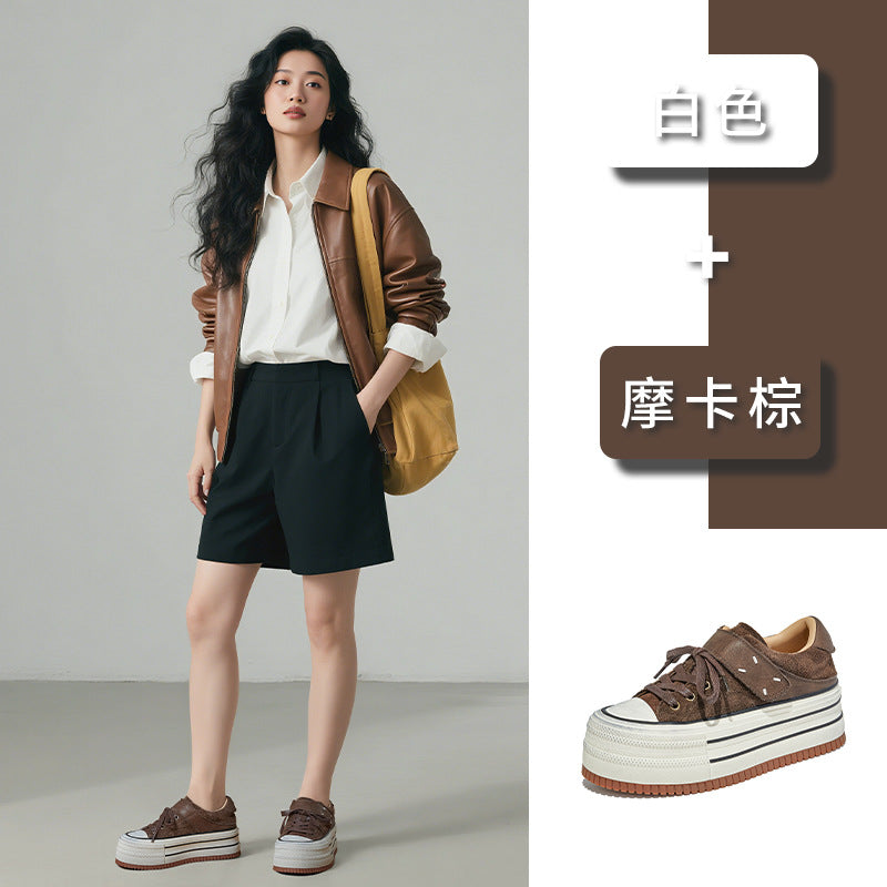 The First Layer of Cowhide Little White Shoes Women's Autumn New Thick-soled Heightening Muffin Casual Versatile Polished Sneakers