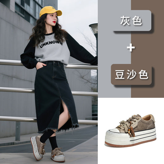 Women's Cowhide Polished White Shoes Autumn New Thick-soled Heightening Board Casual Versatile Sneakers