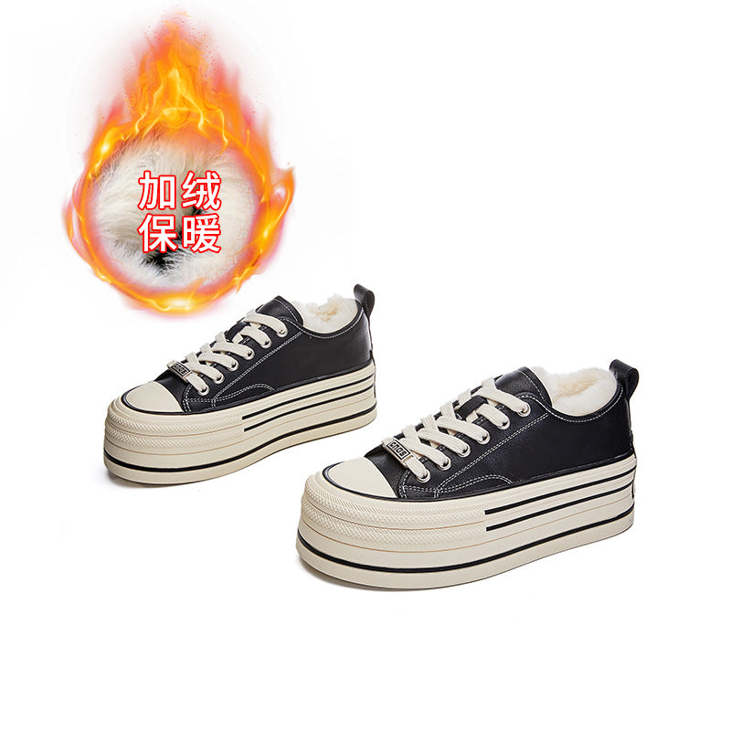 Leather rabbit fur little white shoes winter new thick-soled velvet board women's versatile casual single heightening sneakers