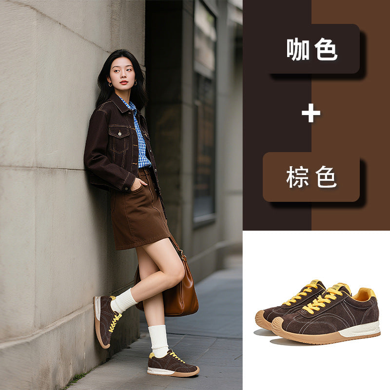 Leather German Training Shoes Women's Autumn New Commuting Versatile Flat-bottomed Sports Forrest Gump Light Sneakers Lace-up