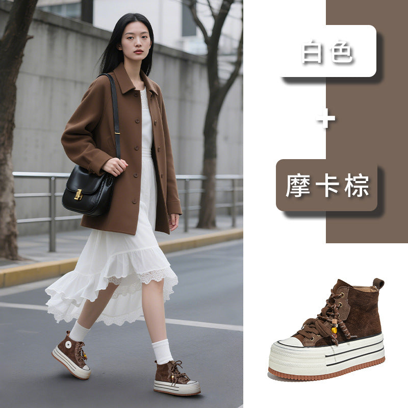 The First Layer of Cowhide High-top Little White Shoes Women's Autumn New Versatile Heightening Board Thick-soled Polished Ankle Boots