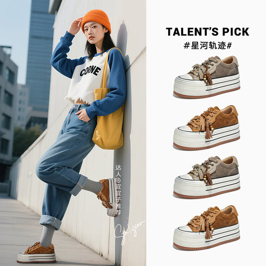 Women's Cowhide Polished White Shoes Autumn New Thick-soled Heightening Board Casual Versatile Sneakers