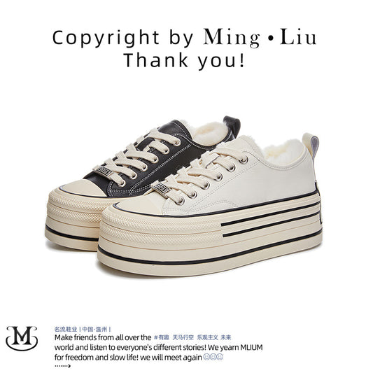 Leather rabbit fur little white shoes winter new thick-soled velvet board women's versatile casual single heightening sneakers