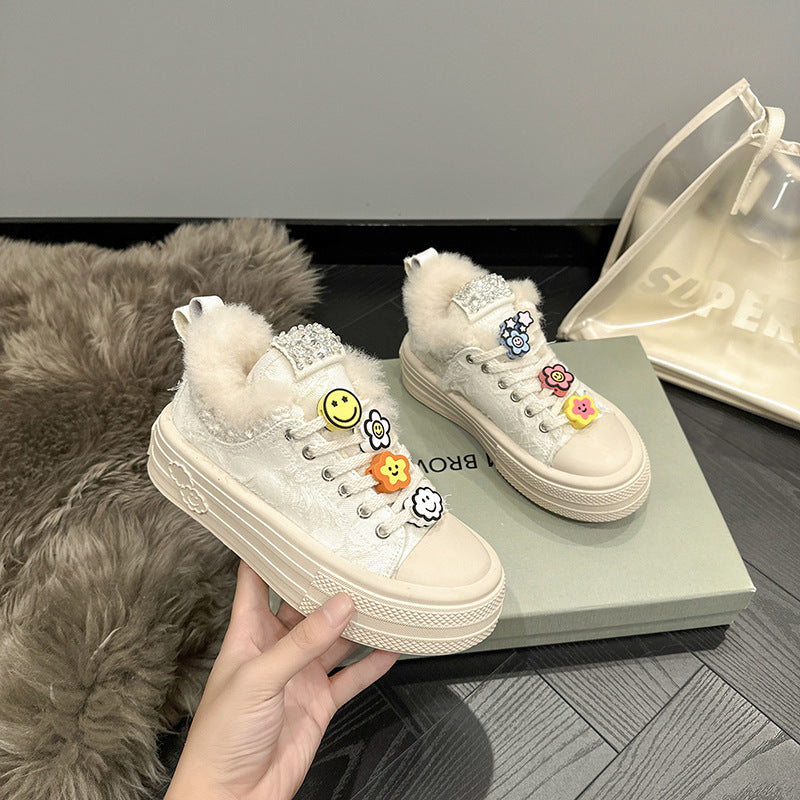 Platform Muffin White Velvet Shoes Women's Spring New Little White Fashion Casual Board Versatile Student Sneakers
