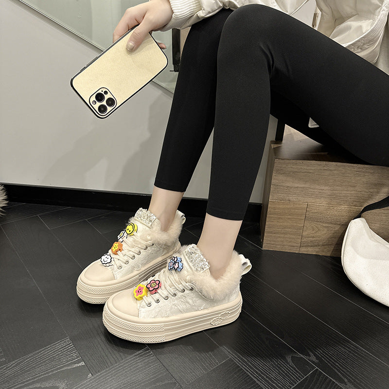 Platform Muffin White Velvet Shoes Women's Spring New Little White Fashion Casual Board Versatile Student Sneakers