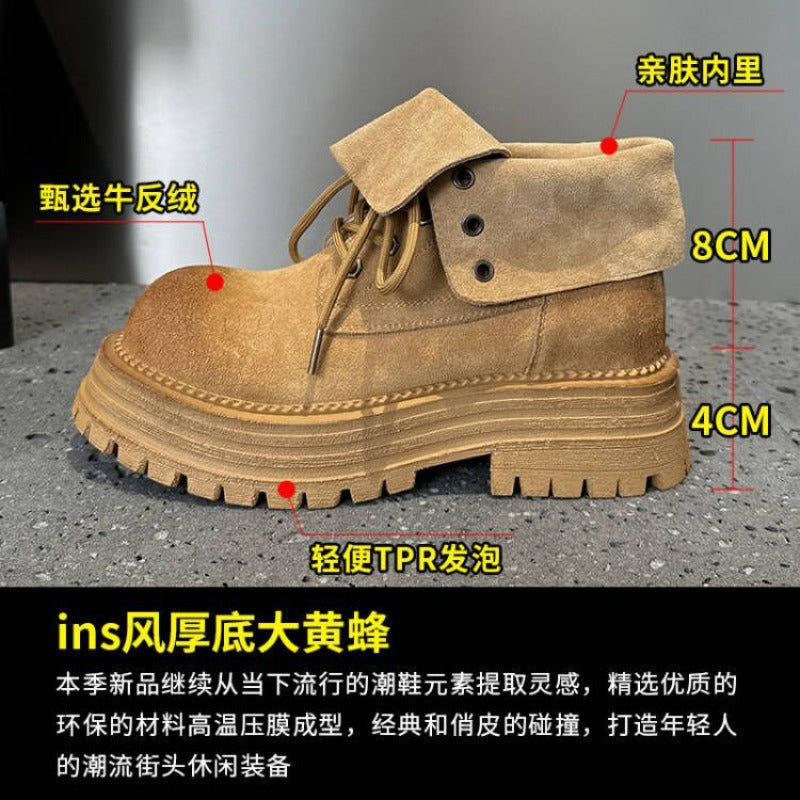 Genuine Leather Retro Flap Ankle Boots Women Autumn Winter New Yellow Chunky Sole Two Way Short Boots Trendy