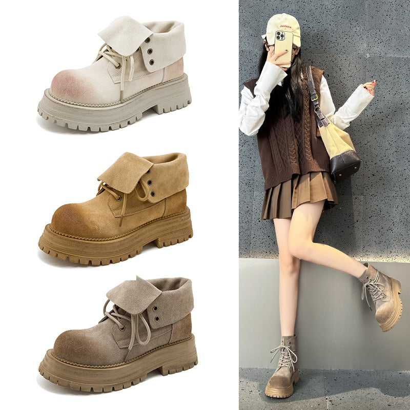 Genuine Leather Retro Flap Ankle Boots Women Autumn Winter New Yellow Chunky Sole Two Way Short Boots Trendy