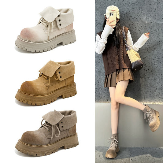Genuine Leather Retro Flap Ankle Boots Women Autumn Winter New Yellow Chunky Sole Two Way Short Boots Trendy